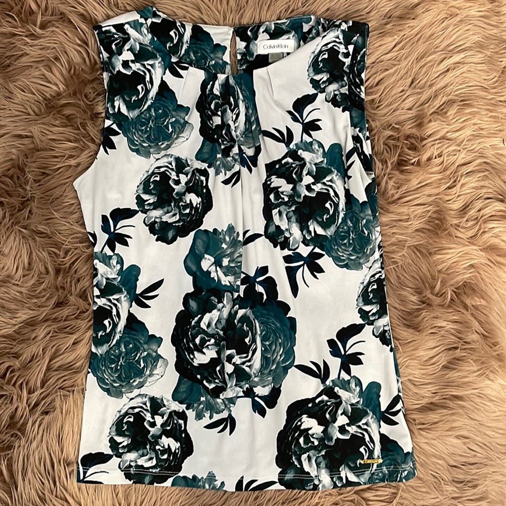 Turquoise and blue toned blouse, floral print, size sm